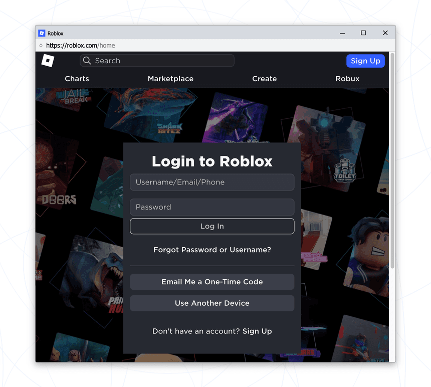 A fake browser window drawn inside a web page: a Windows-style title bar reading Roblox, an address bar showing a padlock and https://roblox.com/home, and a Roblox login form inside. The real page around it is a plain background.