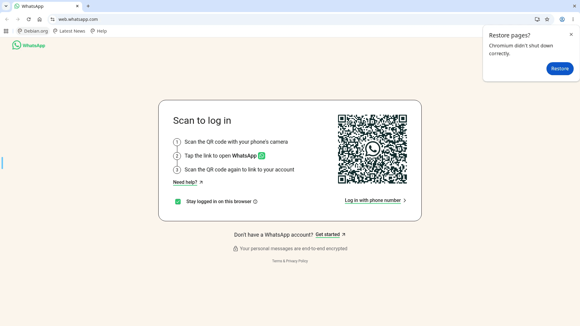 Grizzly's render of a Browser-in-the-Middle page: a streamed Chromium window on web.whatsapp.com showing the genuine Scan to log in page, with Chromium's own Restore pages bubble open in the corner.